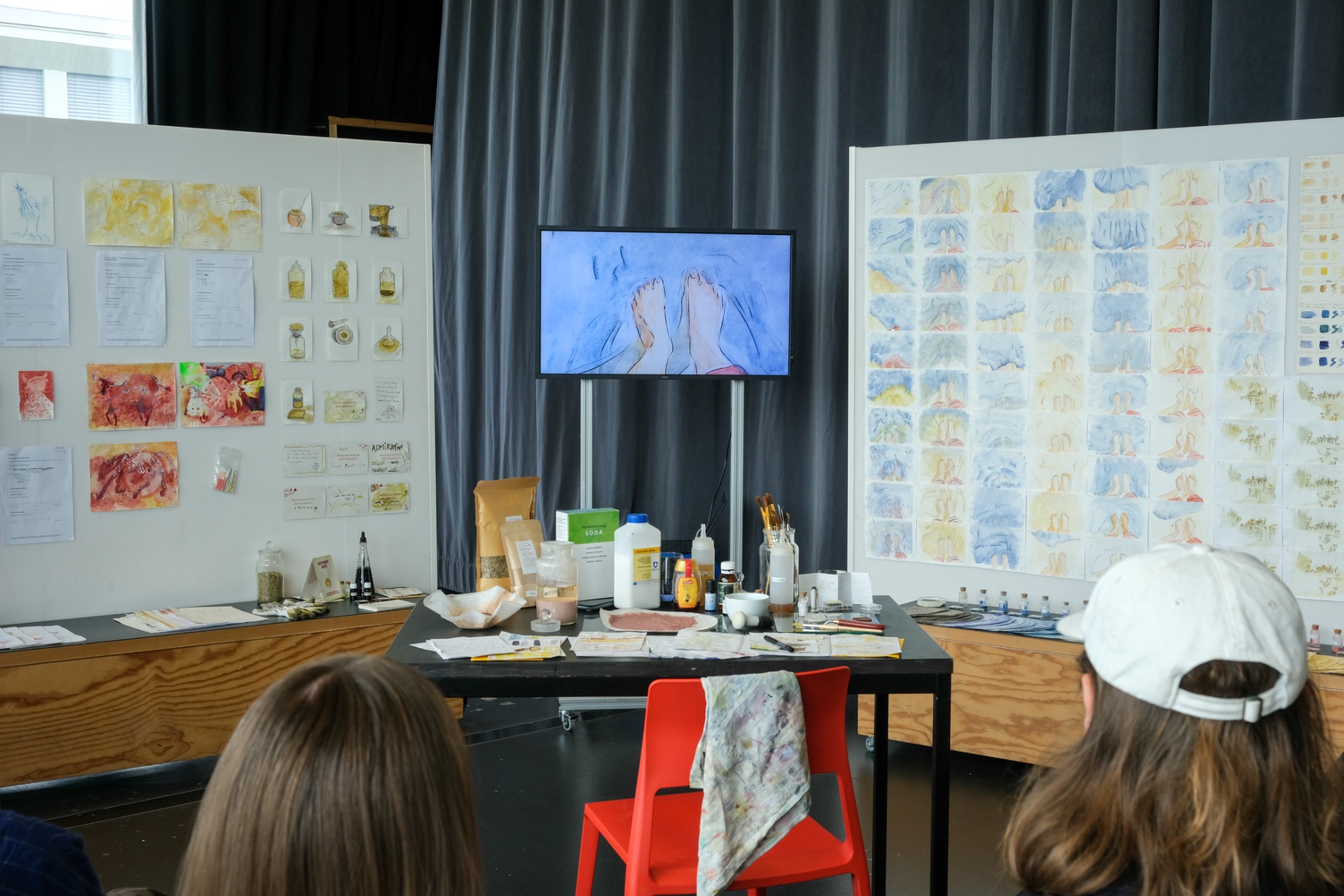 Natural pigment materials and paintings in the installation